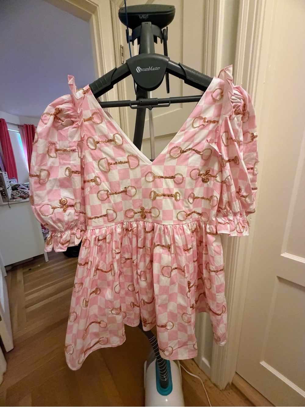 NWOT Queen of Sparkles Pink Check Horse Bit Puff-Sleeve Mini Dress - Picture 2 of 2